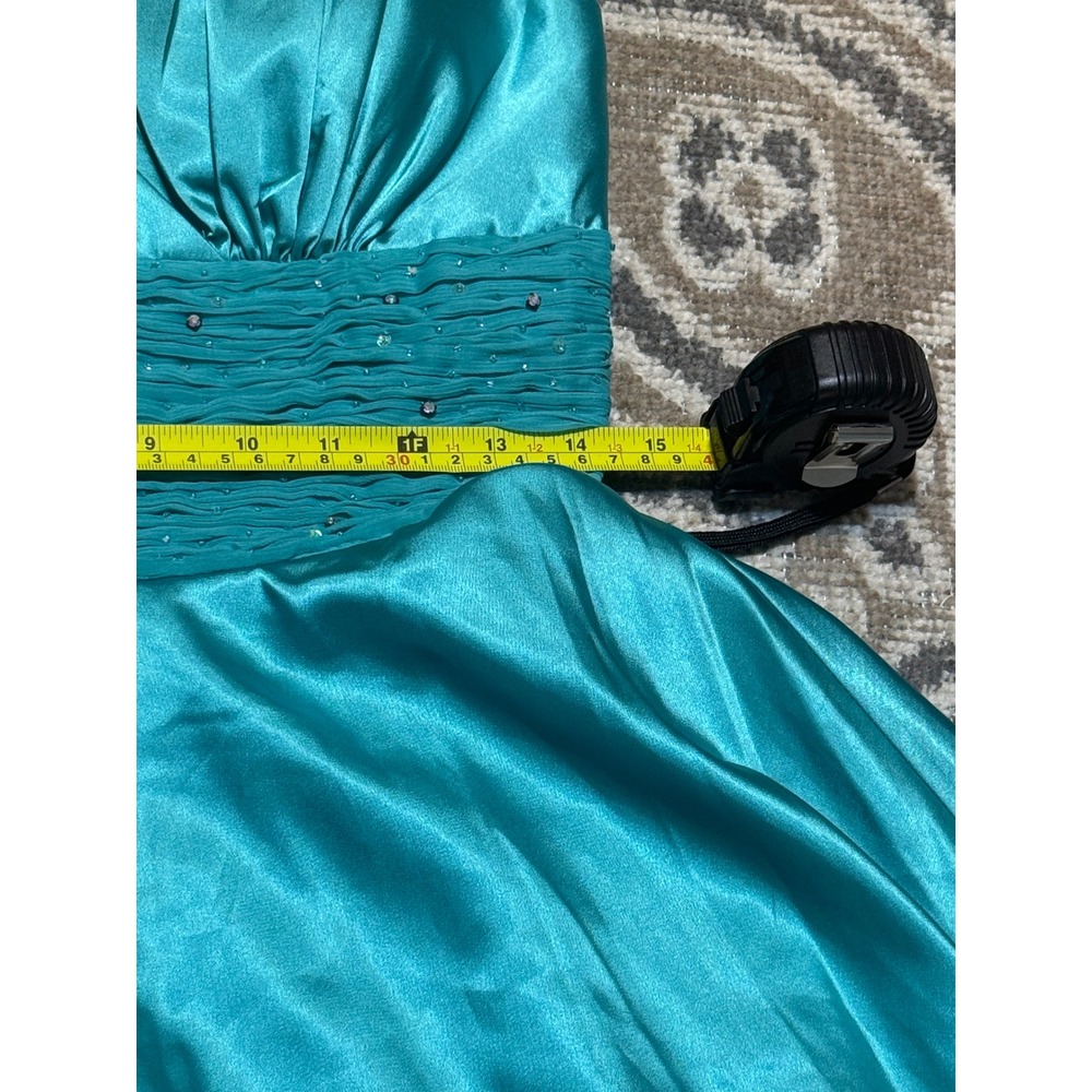 Lenovia USA Turquoise Satin Halter Handkerchief Hem Rhinestone Formal Dress M - Picture 4 of 6